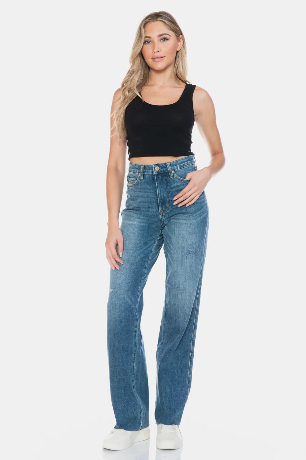 Judy Blue Full Size Tummy Control Cut Raw Hem Straight Jeans - Alwesbo Fashion