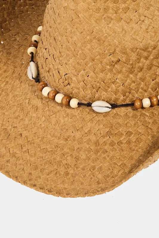 Western Cowboy Hat with Beaded Cowrie Shell Details - Alwesbo Fashion