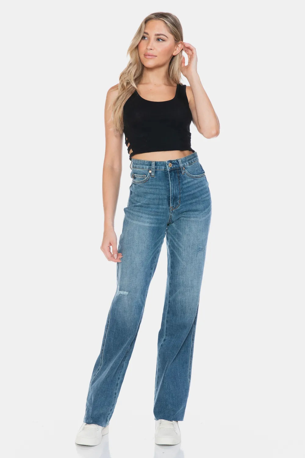 Judy Blue Full Size Tummy Control Cut Raw Hem Straight Jeans - Alwesbo Fashion