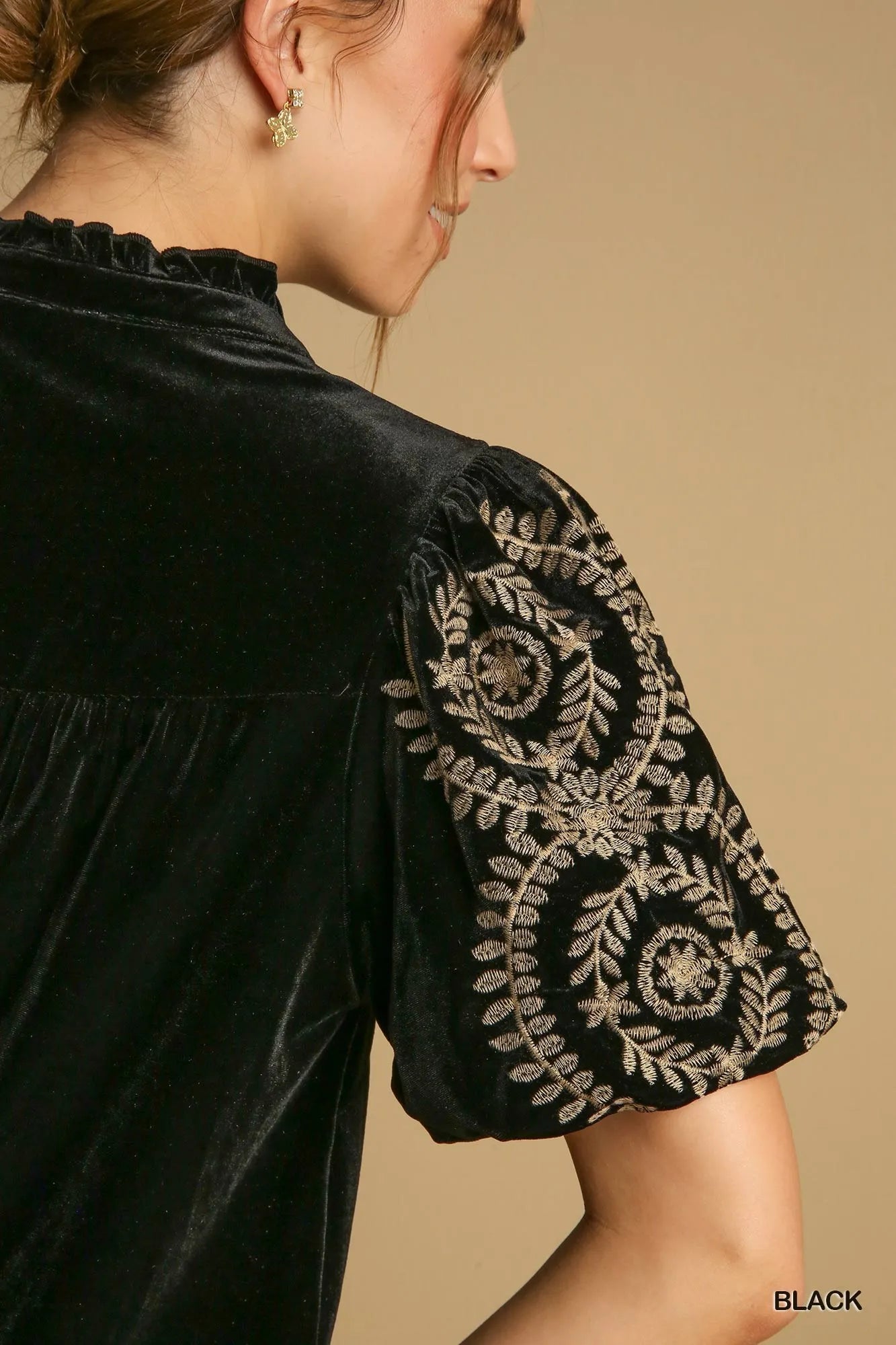 Plus Size Velvet Blouse with Stylish Embroidered Sleeve Detail - Alwesbo Fashion