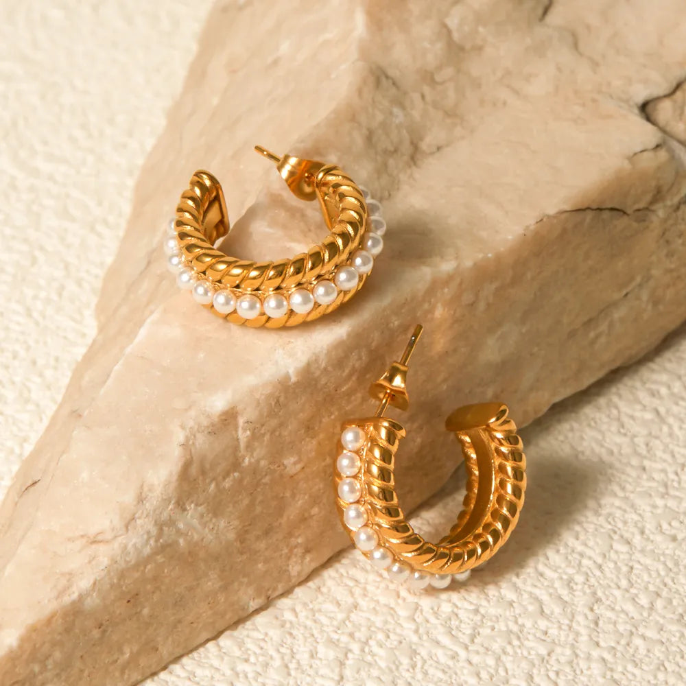 Stainless Steel Pearl C-Hoop Earrings - Alwesbo Fashion