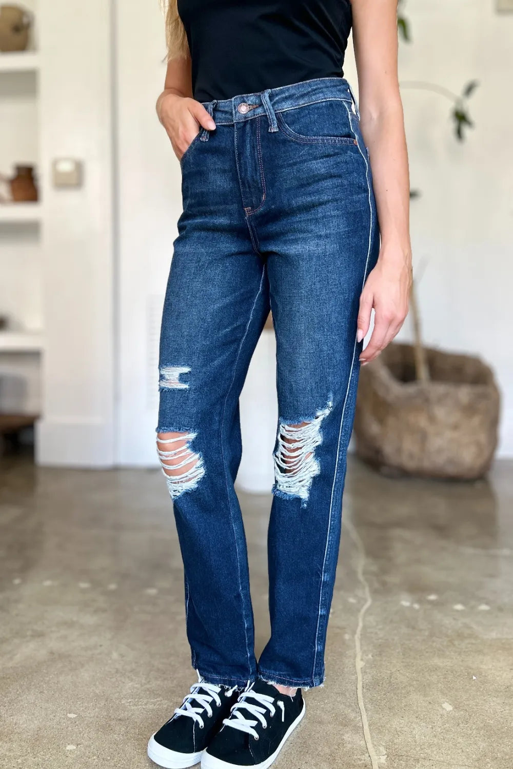 Judy Blue Full Size High Waist Rigid Magic Heavy Destroy Straight Jeans - Alwesbo Fashion