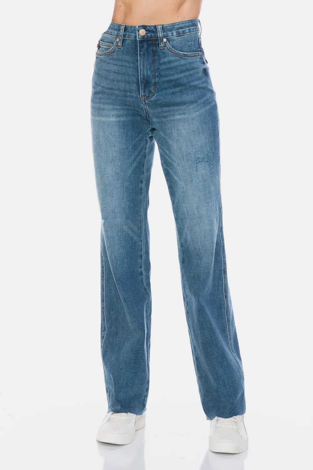 Judy Blue Full Size Tummy Control Cut Raw Hem Straight Jeans - Alwesbo Fashion
