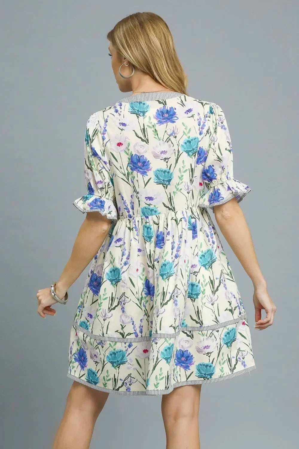 Umgee BabyDoll Floral Striped Hem Mini Dress / Pastel Blue - Alwesbo Fashion