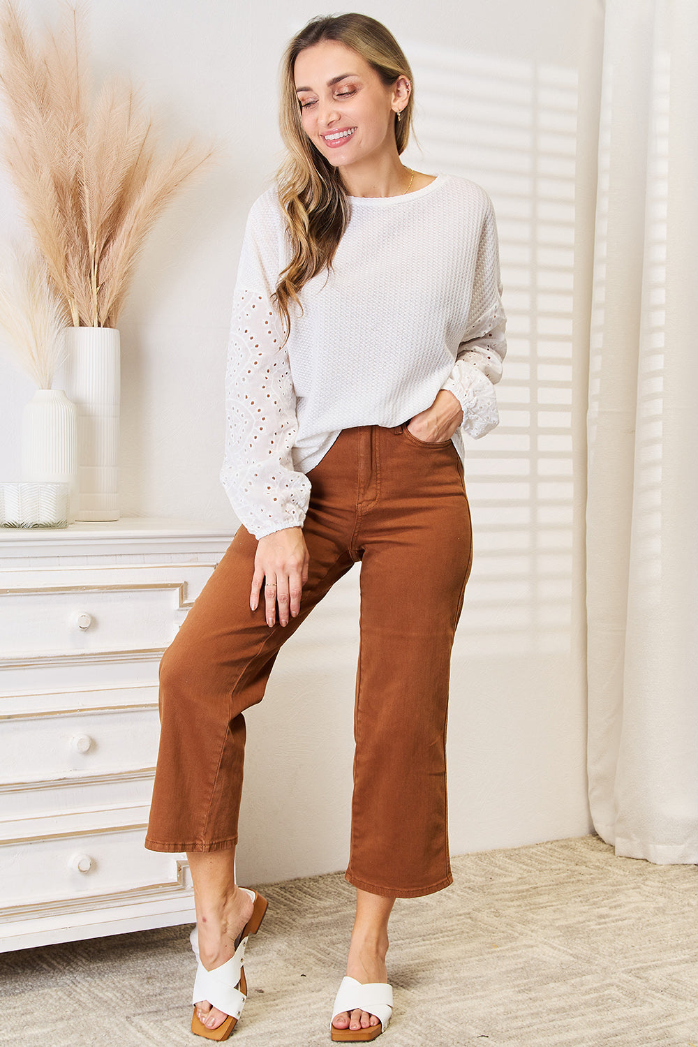 Shiny Eyelet Dropped Shoulder Round Neck Blouse - Alwesbo Fashion