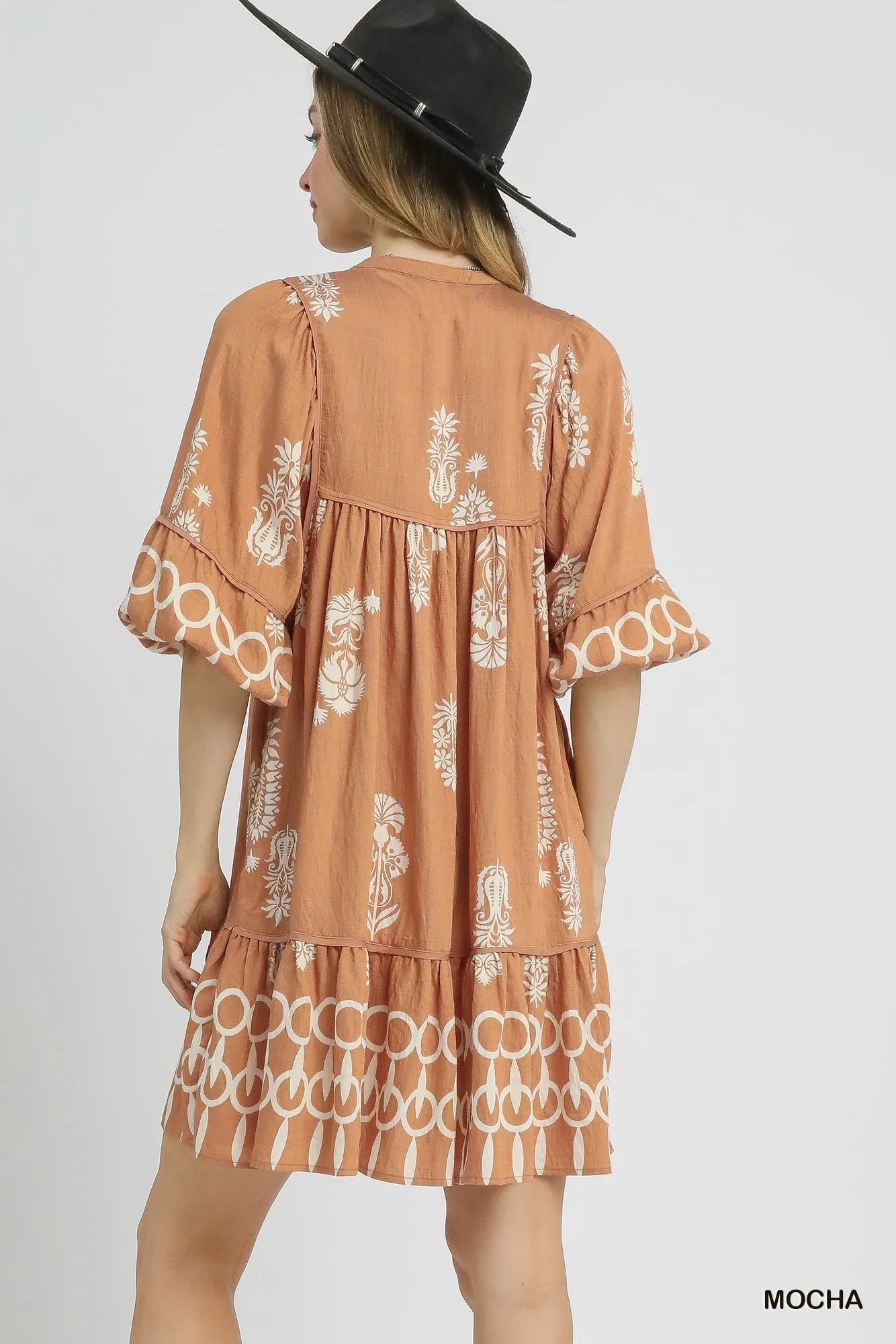Border Print Mini Dress with Tassel Tie Neck - Alwesbo Fashion