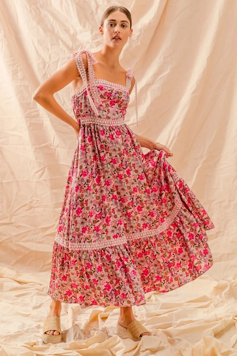 Floral Maxi Dress with Ribbon Tie and Lace Straps - Alwesbo Fashion