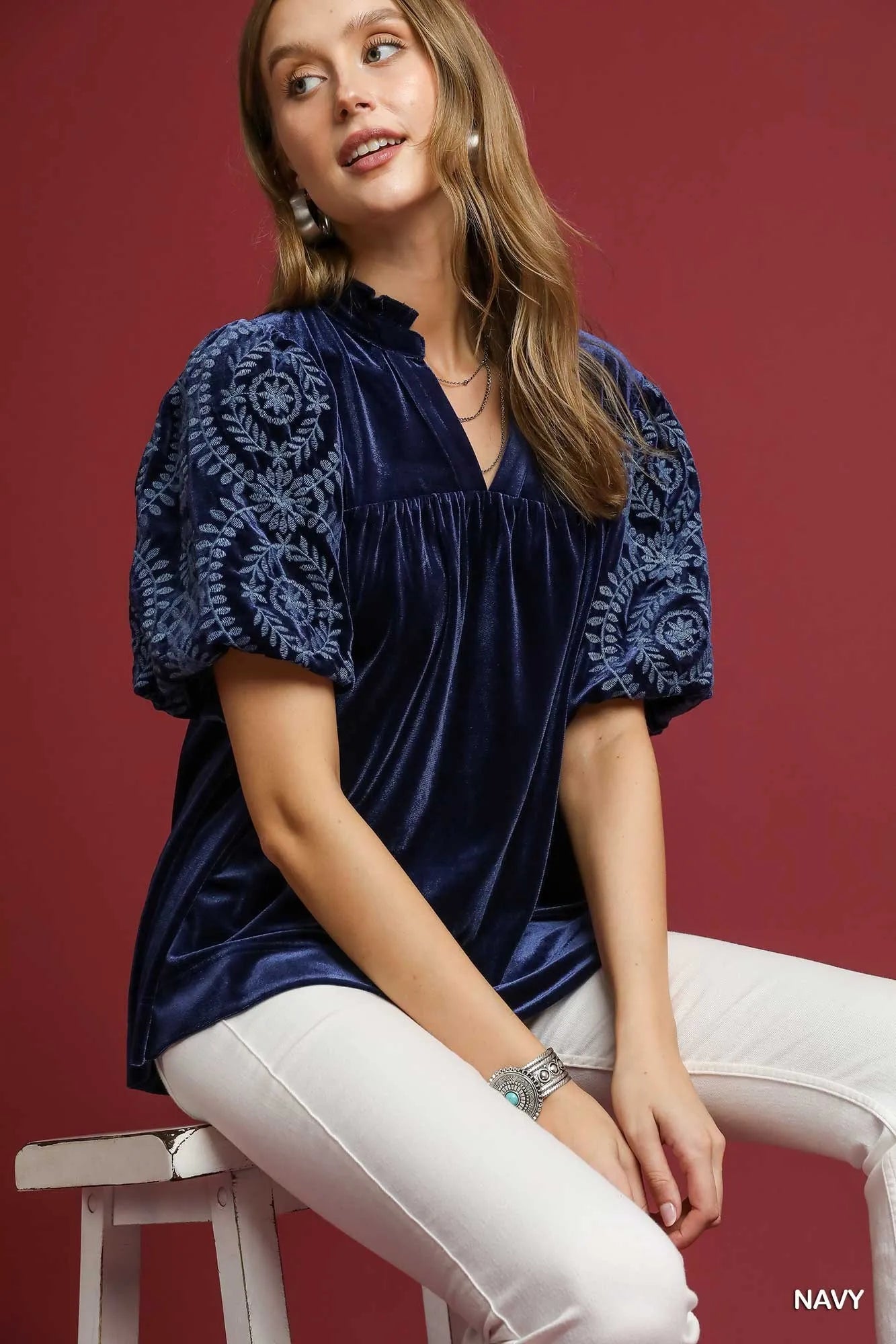 Soft Velvet Blouse for Plus Size Women with Sleeve Embroidery - Alwesbo Fashion