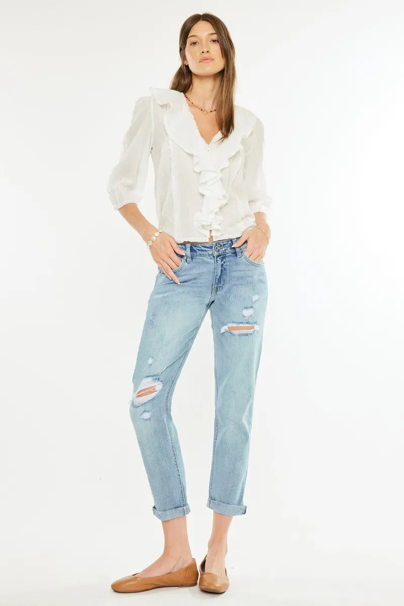 Mid Rise Distressed Boyfriend Fit Jeans for Women - Alwesbo Fashion