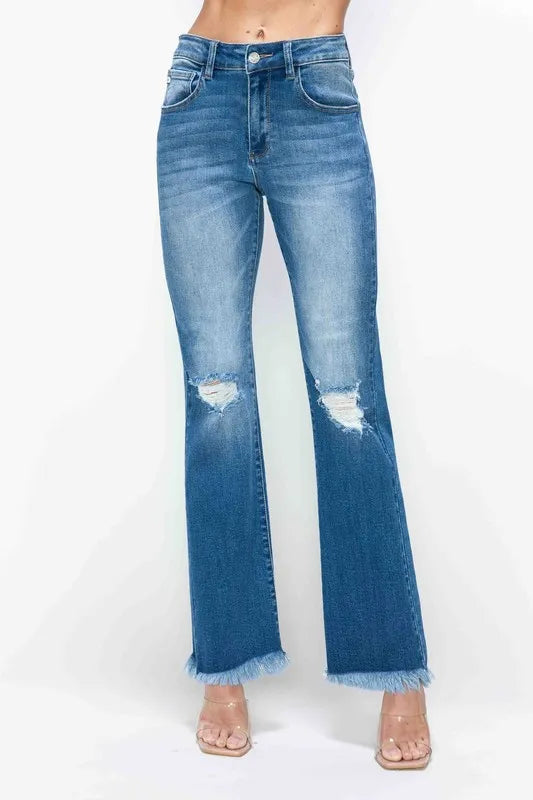 bytos Full Size Raw Hem Distressed High Rise Bootcut Jeans - Alwesbo Fashion