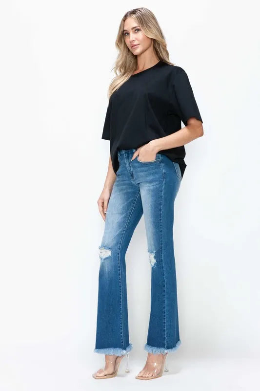 bytos Full Size Raw Hem Distressed High Rise Bootcut Jeans - Alwesbo Fashion