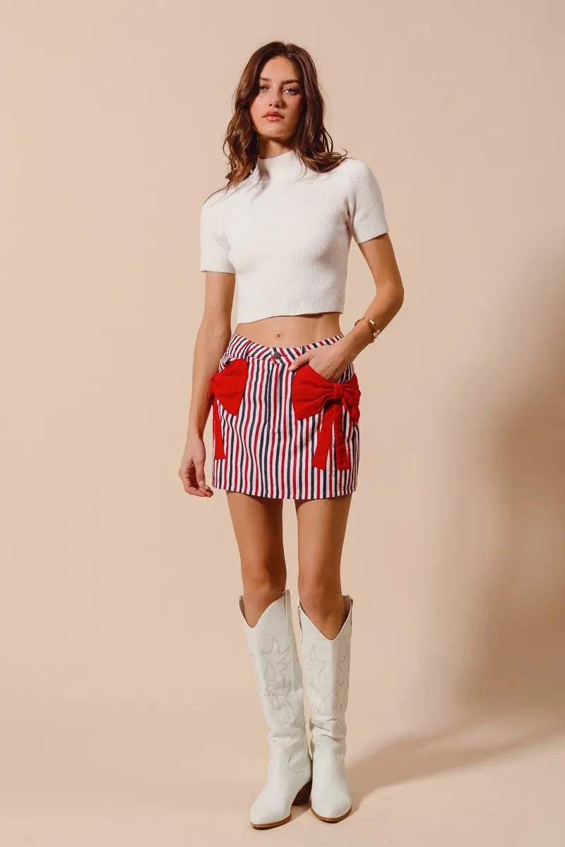SO ME Contrast Bow Knot Pocket Fourth Of July Denim Skirt - Alwesbo Fashion