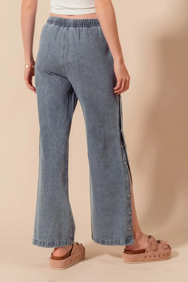 SO ME Mid Rise Drawstring Jeans with Side Snap Button - Alwesbo Fashion