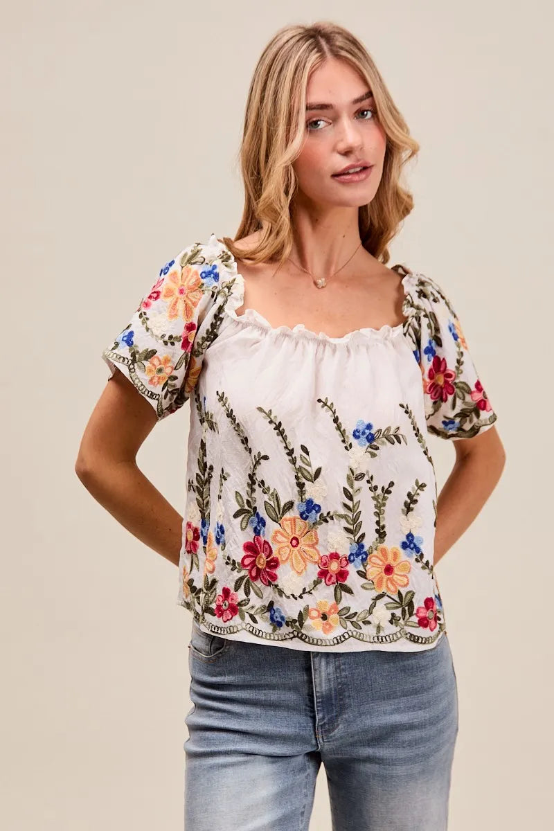 Floral Embroidered Off-The-Shoulder Blouse with Two-Way Wear - Alwesbo Fashion