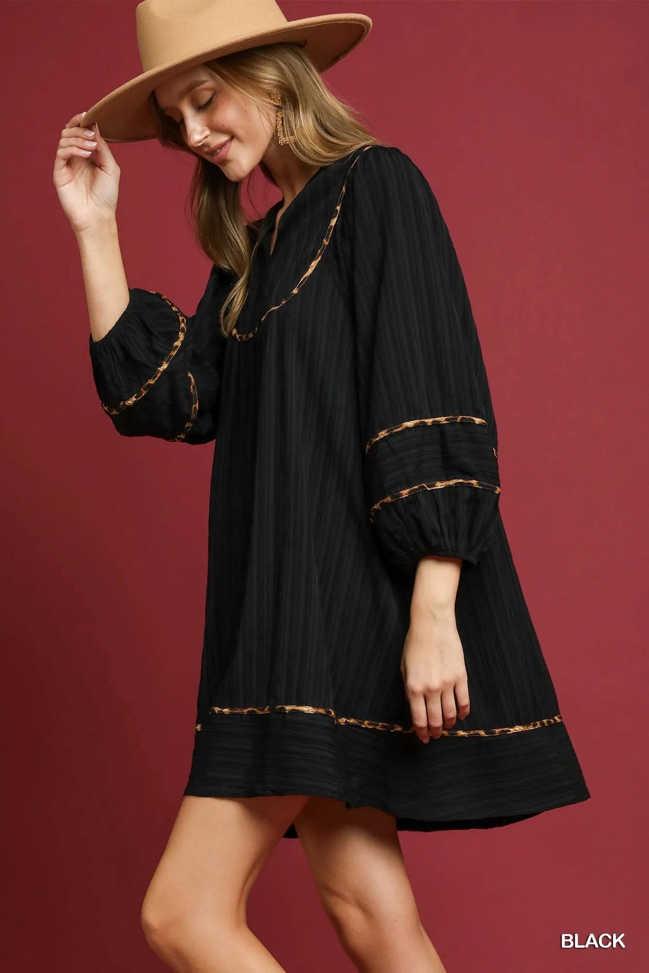 Plus Size Textured Babydoll Dress with Leopard Print Trim - Alwesbo Fashion
