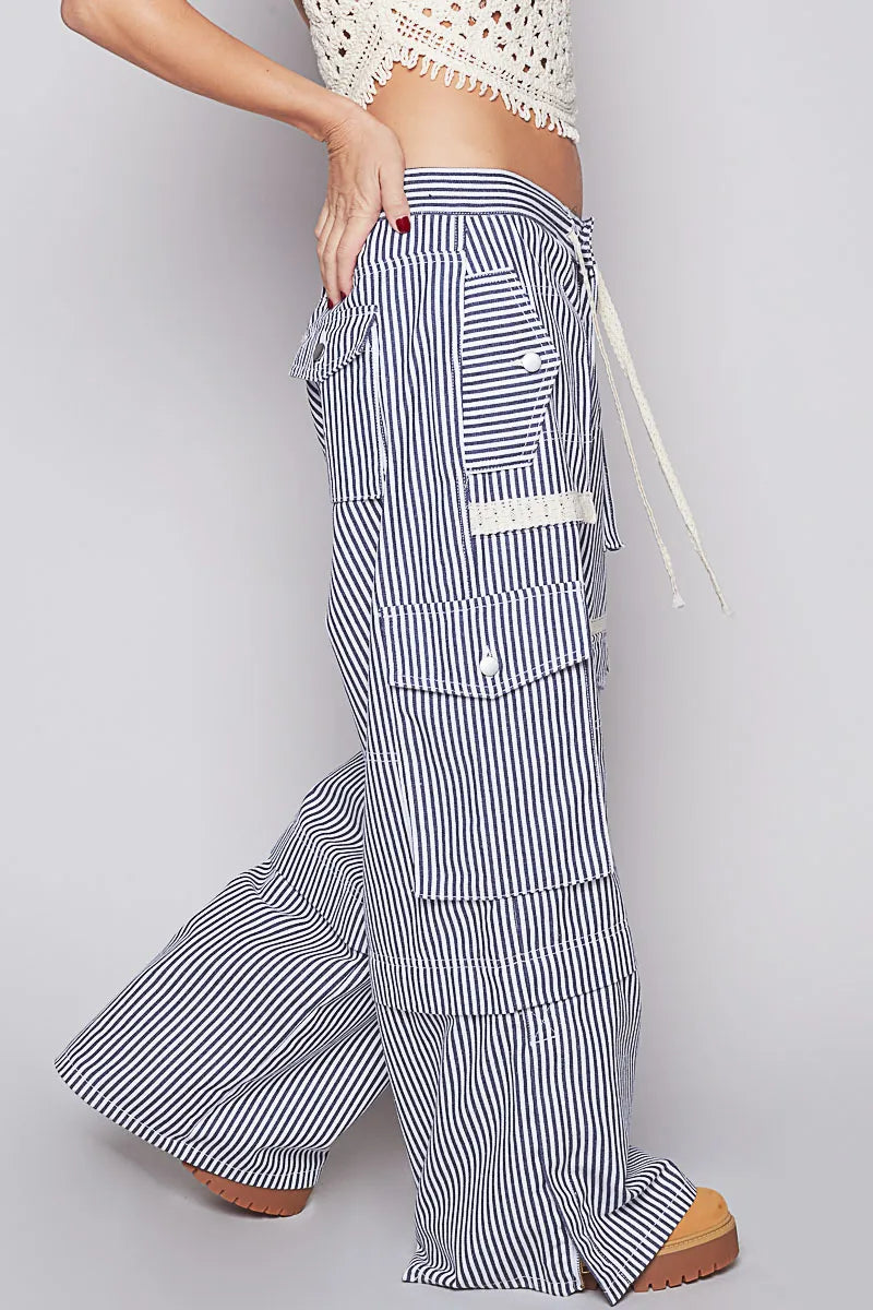 POL Striped Wide Leg Pants with Cargo Pockets - Alwesbo Fashion