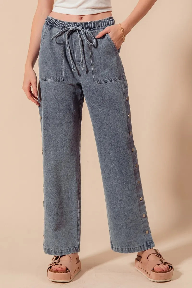 SO ME Mid Rise Drawstring Jeans with Side Snap Button - Alwesbo Fashion