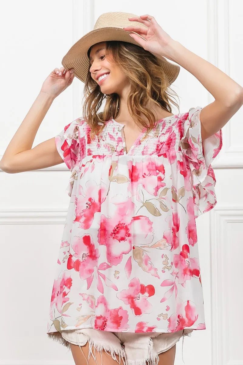 Floral Print Sheer Top with Flutter Sleeves - Alwesbo Fashion