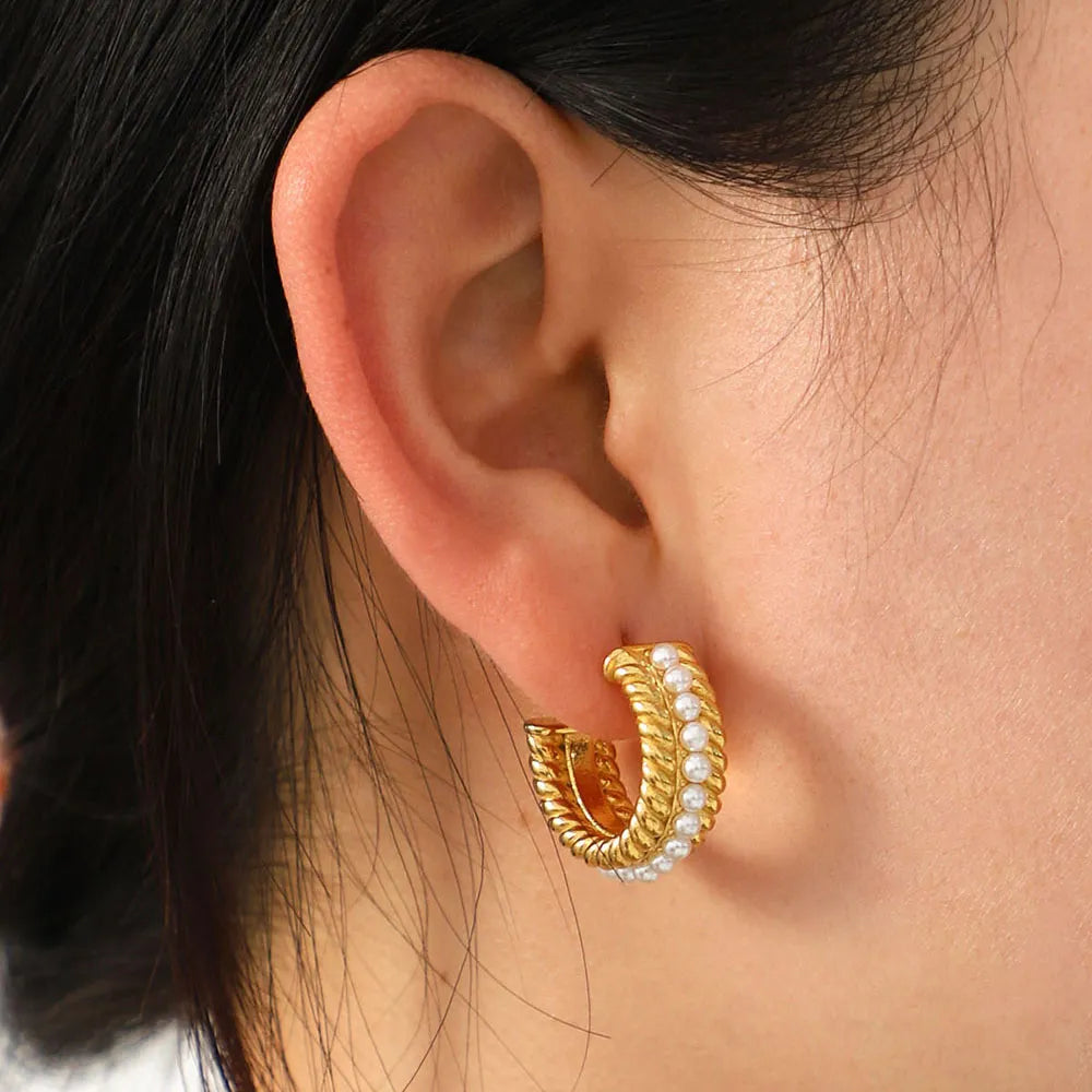 Stainless Steel Pearl C-Hoop Earrings - Alwesbo Fashion