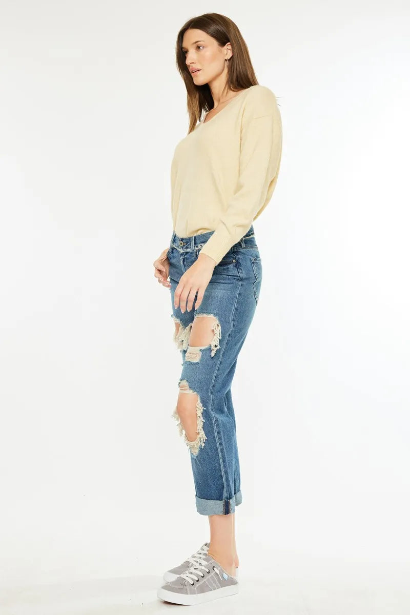 Distressed Mid Rise Boyfriend Jeans for Women - Alwesbo Fashion