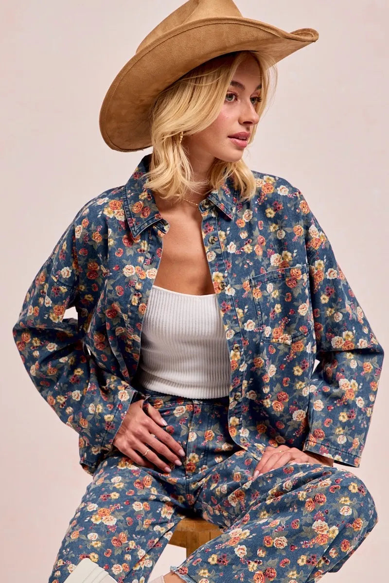 Washed Floral Denim Jacket for Women - Alwesbo Fashion