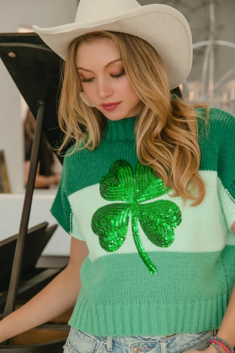 Stylish Sweater Featuring Sequin Clover & Color Block Design - Alwesbo Fashion