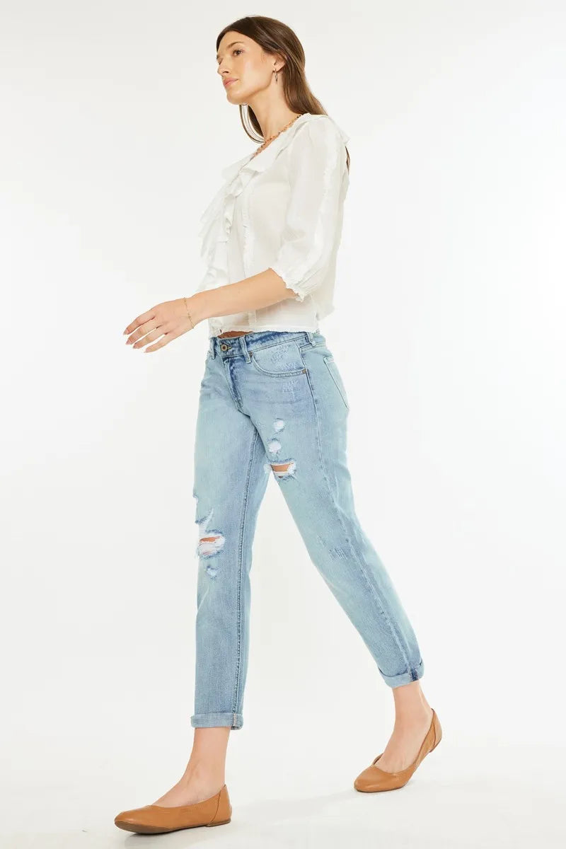 Mid Rise Distressed Boyfriend Fit Jeans for Women - Alwesbo Fashion