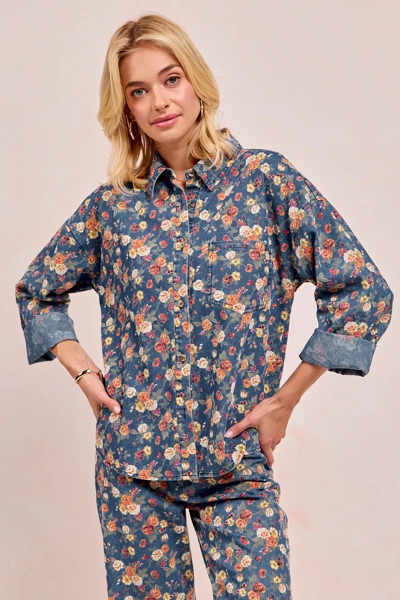 Washed Floral Denim Jacket for Women - Alwesbo Fashion