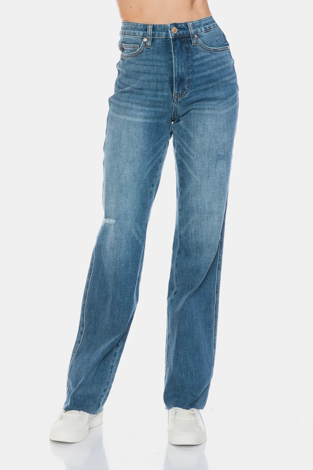 Judy Blue Full Size Tummy Control Cut Raw Hem Straight Jeans - Alwesbo Fashion